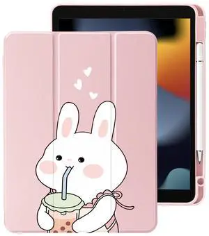 Cute Kawaii Bunny for iPad Pro 12.9 Inch Case 5th/6th Generation 2022/2021/2020 with Pencil Holder, Auto Sleep/Wake, Pink Leather Clear Acrylic Back Cover