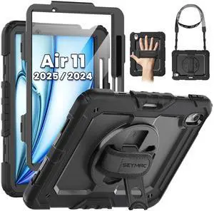 SEYMAC Case for iPad Air 11 Inch M3 2025/M2 2024 (Air 6th Generation), Heavy Duty Shockproof Protective Case with Screen Protector, Rotating Stand and Hand/Shoulder Strap, Black