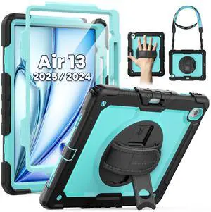 SEYMAC for iPad Air 13 Inch Case M3 2025/ M2 2024, Heavy Duty Shockproof Protective Case with Screen Protector, 360deg Rotating Stand, Hand/Shoulder Strap and Pen Holder for iPad Air 13, Light Blue