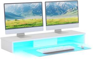 Qupui Dual Monitor Stand Riser with LED Lights, Large Monitor Stand for Desk, Computer Monitor Stand for 2 Monitors, Desk Shelf for Top of Desk, Desktop Organizer for Laptop, Printer, TV, White