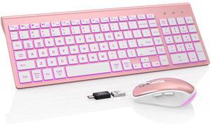 SABLUTE Wireless Keyboard and Mouse Combo Backlit - Compact Quiet Keyboard with RGB Mouse, Rechargeable, Slim, Sleep Mode, Portable Cordless Keyboard Mouse Set for Mac, Windows, Laptop, PC (Rose Gold)
