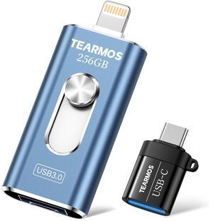TEARMOS 256GB USB Flash Drives for Phone, iPhone Memory Storage Stick for Photos and Videos, Compatible with iPhone iPad Android PCs, No App Required Plug & Play (Dark Blue)