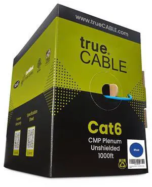 TRUE CABLE Cat6 Plenum Bulk Ethernet Cable (CMP), Unshielded UTP, 1000ft, Blue, 23AWG Solid Bare Copper, 550MHz, 10Gbps, PoE++ (4PPoE), ETL Listed