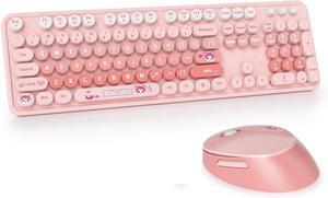 2.4G USB Wireless Keyboard and Mouse Combo, Multi-Color Typewriter Style Round Keycap, Cute Candy Colors, Compatible with Notebook, PC (Pink-B)