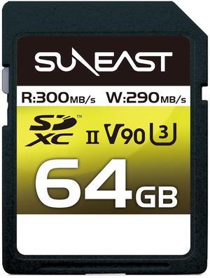 SUNEAST SDXC Card 64GB Up to 300MB/s UHS-II V90 U3 pSLC 4K 8K ULTIMATE PRO Professional Memory Card SE-SDU2064GA300