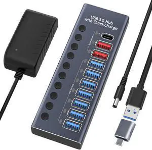 Boost Your Device Performance with Our Aluminum USB 3.0 Hub! 10-Port Splitter for Seamless Connectivity - 7 USB 3.0 High-Speed Data Transfer Ports, 2 Intelligent Charging Ports, 1 PD Charging Port