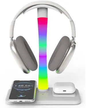 Headphone Stand with Wireless Charger,Gaming Headset Stand with RGB Light Mode,Airpod Max Stand Compatible with Airpod Pro/3/2,iPhone 16/15/14/13/12/11,Samsung,Gifts for Gamers & Music Lover