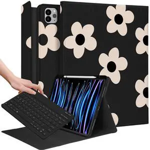Wazzasoft for iPad Air 13 inch Case 2024 M2, for iPad Pro 12.9'' Case with Keyboard Pencil Holder Folio Tablet Cover Women Girls Cute Floral Flower for Apple Air 11, Pro 12.9