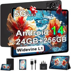 Tablet 11 inch, 2025 Android 14 Tablet with 24GB RAM 256GB ROM ( 1TB Expand ), Octa-Core Tablets with 13MP+5MP Camera, 8000mAh, IPS HD Touch Screen, 5G WiFi Widevine L1, GPS, Split Screen -Metal Black