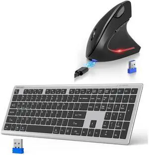 TECKNET Ergonomic Mouse Bluetooth Rechargeable & 4-Device (2.4G+BT) Bluetooth Keyboard Rechargeable, Ultra-Slim Quiet Wireless Keyboard
