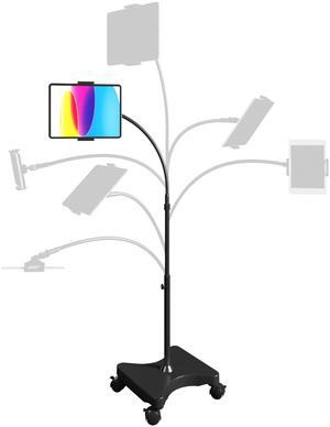 LEVO Adjustable Height Floor Stand on Wheels for Tablet & Phone - Gooseneck Holder Mount with Stable Base - Compatible with All Cell Phones & Tablets (4-13 inch) - Black with Casters