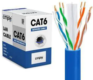 Cmple - Cat6 Cable 1000ft Bulk Lan Ethernet Cat 6 Wire Network UTP 23AWG CMR Riser 10Gbps 550 MHz Pull Box 1000 Feet, Blue