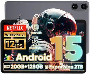 Tablet 12 Inch, Android 15 Tablet, 20GB RAM 128GB ROM 2TB Expand, Tablets with IPS 1200 * 2000,2K Display, T615 Octa Core CPU, 5MP+13MP, Widevine L1, 8000mAh Battery, BT5.2, GPS, 2.4G/5G WiFi