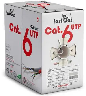 Fast Cat. Cat6 Ethernet Cable 1000ft - 23 AWG, CMR, Insulated Solid Bare Copper Wire Cat 6 Cable PoE++ (4PPoE), ETL Listed, 550MHZ / 10 Gigabit Speed UTP LAN Cat6 Cable 1000ft (White)