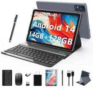 Android14 tablet 2025 Latest Tablet10 inch 128GB ROM+14GB RAM+1TB Expand Octa-Core 5G WiFi Tablet 4G Cellular tablet with 2 Sim Slot 13MP+8MP 7000mAh BT5.0 GPS tablet with keyboard|mouse|pen|case-Grey