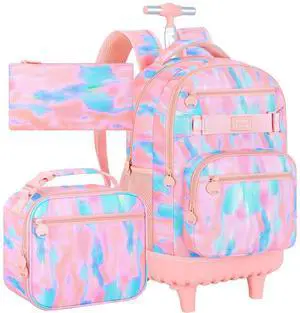 FTJCF 3Pcs Rolling Backpack for Girls, 19 Inche Women Roller Bag with Wheels for Adults, Wheeled Bookbag with Lunch Box(Pink)