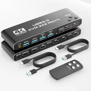 Dual Monitor HDMI KVM Switch 2 Monitors 2 Computers, 4K@60Hz USB 3.0 KVM Switch with Audio Support and Wired Remote Control, Compatible with Windows, Mac (4K HDMI 2 Monitors 2 PC)