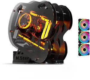 MegaPC Dinosaur M.Star Open-Frame Mid-Tower Micro-ATX/Mini-ITX Gaming Case - Tempered Glass Panels, High Airflow, ARGB Lighting, USB-C Port, Tool-Free Design (Black, with Fans Only)