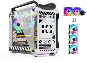 MegaPC Mino Open-Frame ATX Gaming Case - Industrial Design, Tempered Glass Panels, High Airflow, ARGB Lighting, USB-C Port (Black/White/Print Stream, with Fans + Watercooler)
