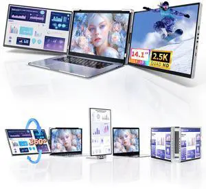 Pitycbo Laptop Screen Extender Monitor Portable - 2.5K Triple Laptop Screen Extender, Plug and Play Multiple Screens Extended Fits 13-17.3 Inch Laptops Compatible with, Windows, Chrome, Dex