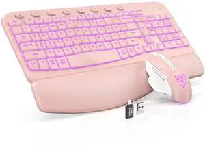 SABLUTE Ergonomic Wireless Keyboard and Mouse Combo - Wave Keyboard with Soft Leather Wrist Rest, Resistant Keys, RGB Backlit Rechargeable Set for PC/Mac/Chromebook (Pink)