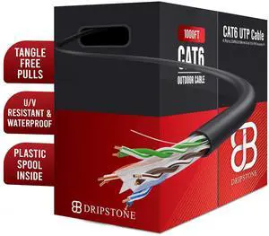 Dripstone 1000ft CAT6 Outdoor Direct Burial Solid Cable 23AWG Waterproof Wire HDPE Insulated Polyethylene (PE) for Indoor/Outdoor Installations, Black