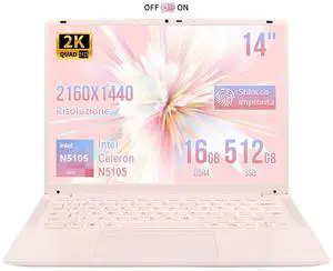 BINHENGLON 14.1 Inch Portable Laptop,Celeron N5105 Processor,16GB,(2160 x 1440) IPS,Fingerprint Unlock,Backlit keyboard, Push-pull camera,Win 11,Type-C,USB3.0*3,HDMI*1,WiFi /BT 5.0(Pink,16G+256GB SSD)