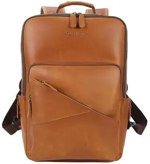 STAR VISTA 15.6" Trajan Vintage Full Grain Leather Laptop Backpack for Men, Multi Pockets, Casual Outdoor Business Travel Rucksack, YKK Zippers, Light Brown