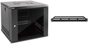 Tecmojo 9U Wall Mount Server Cabinet & Patch Panel 24 Port, Network Rack Lockable Enclosure 17.7in Depth with Side Panels and Cooling Fans, Keystone Patch Panel Cat6/Cat5e/Cat5 with Cable Management