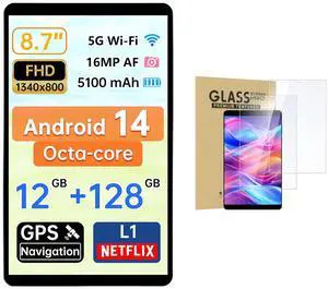 Topsand 8.7" Android 14 Tablet with 2 Pack Upgraded Screen Protector