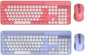 Wireless Keyboard and Mouse Combo, Pink & Purple Retro Round Keycaps, Cute Full-Size Typewriter Keyboard with Phone Holder, Sleep Mode, Click Soft, 2.4GHz Cordless Connection for Windows/PC/Laptop