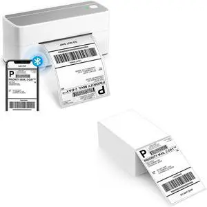 ASprink Bluetooth Thermal Shipping Label Printer - Portable Thermal Label Printer for Shipping Packages & 4"x 6" Direct Fanfold Thermal Labels (Fanfold Style & 500 Labels)