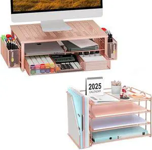 gianotter Monitor Stand with Storage + 4-Tier Paper Organizer (Rose Gold)