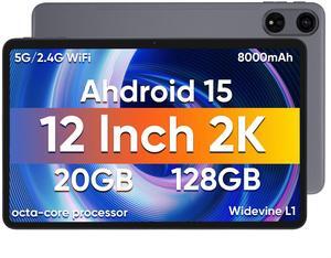 HNVHNV Android 15 Tablet 12 inch Tablet, 20GB RAM 128GB ROM 2TB Expanded, Octa Core Processor, 2000x1200 IPS HD Touchscreen, 8000mAh, 5G WiFi, BT5.0, 5MP+13MP Dual Camera, Widevine L1, GPS (Gray)