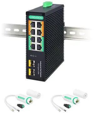 LINOVISION Industrial 8-Port Full Gigabit BT 90W POE Switch and DC12V Waterproof POE Splitter