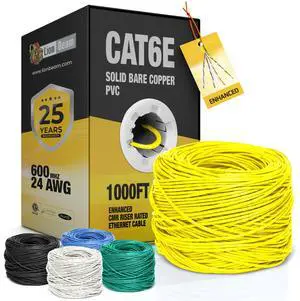 LION BEAM Cat6e Enhanced Ethernet Cable 1000 FT Box 24AWG, PVC-CMR Insulated Solid Bare Copper Internet Cable 600 MHz, Provides High-Speed 10Gbps, UTP Bulk Ethernet Riser Cable with Fast Reel, Yellow