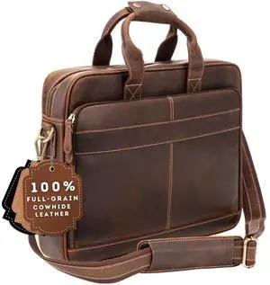 Luxorro Full Grain Leather Briefcases For Men in a Beautiful Gift Box, Fits 17 Inch Laptop, 2 Compartments, Dark Brown