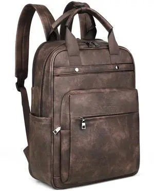 MASINTOR Leather Laptop Backpack for Women, Stylish Computer Backpack College Business Work Shoulder Bags Work and Travel Retro Coffee