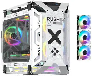 MegaPC X-Era Open-Frame Mid-Tower Micro-ATX/Mini-ITX Gaming Case - Tempered Glass Panels, High Airflow, ARGB Lighting, USB-C Port (Black/White/Print Stream, with Fans Only)