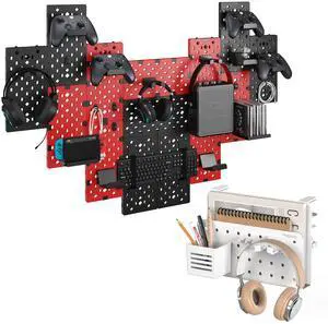 PEGZONE Desk Side Storage Organizer No Drill Under Desk Laptop Holder Bundle with 14 PCS Controller and Headphone Holder Wall Mount