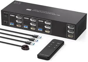 PVBCTCSID 8K 2 Displayport HDMI KVM Switch 3 Monitors 3 Computers 4K144Hz Triple Monitor KVM for 3 PC Sharing 3 Screens and 4 USB 3.0 Port with Remote Control
