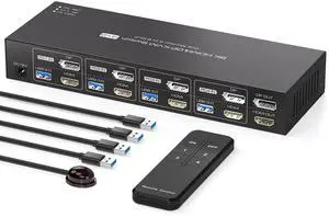 PVBCTCSID 8K Displayport HDMI KVM Switch 4 Computers 2 Monitors 4K144Hz for 4 PC Sharing Dual Monitor and 4 USB 3.0 Port with Remote Control Support Extended/Copy Mode(Not Supporting EDID)