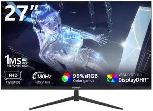 Raywego 27 inch Gaming Monitor Full HD 1920x1080, 180Hz,1ms, Adaptive-Sync, HDR10,Eye-Care Technology,HDMI, DisplayPort, 3-Side Virtually Borderless Design,Support Wall Mount Install(100x100mm)