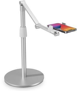 SupeDesk Phone Overhead Stand, Upgarde Cell Phone/Tablet Holder, Multiangle, 3-Part Adujustable,Horizontal Record,Compatible with 3.5-11" Cellphone/Tablet/iPad/iPhone, Silver