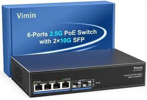 6-Port 2.5G PoE Switch Unmanaged, 4X 2.5GBase-T PoE Ports, 2X 10Gbps SFP, 4 Port PoE Switch 60Gbps Switching Capacity, Support IEEE802.3af/at, Metal Housing, Fanless, Desktop/Wall Mount 2.5Gbe Switch