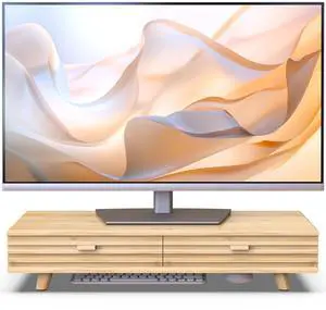 WELL WENG Bamboo Monitor Stand with Drawer - Desk Organizer with Cable Management & Storage, Ergonomic Laptop Riser for Home Office (220lbs Capacity, 24 inch ,Natural)