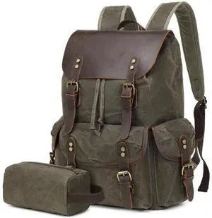 Wogarl Vintage Leather Canvas Backpack, Waxed Canvas Shoulder Rucksack with Toiletry Shoulder Rucksack for Traveling, Camping, Hiking,Business College Fits 17inch Laptop,Green