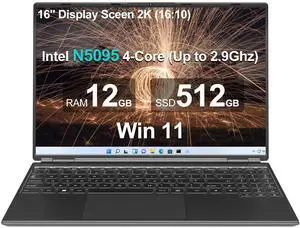 WOZIFAN 16" Laptop 12+512GB Celeron N5095 (Up to 2.9Ghz) 4-Core Win 11 PC with Cooling Fan 1920 * 1200 2K Screen Dual WiFi Support 2.5" HDD 1TB SSD Expand for Business Study-Black