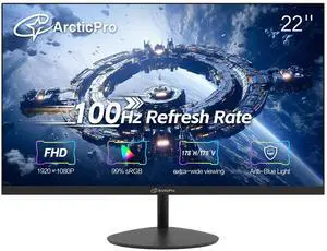 ArcticPro 22inch Computer Monitor, FHD 1080p, 100Hz Office and Gaming Monitor, 4ms Response Time, 3-Sided Frameless, Ultra Slim, VESA Mountable, Anti-Blue Light Design, HDMI, VGA