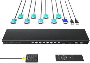 8 Port VGA KVM Switch with Remote, USB Switcher, 8 Computers Share 1 Monitor, 4 USB 2.0 Hubs, Keyboard Mouse Printer, 8 KVM VGA Cables, 1 Desktop Controller, 1 IR Remote